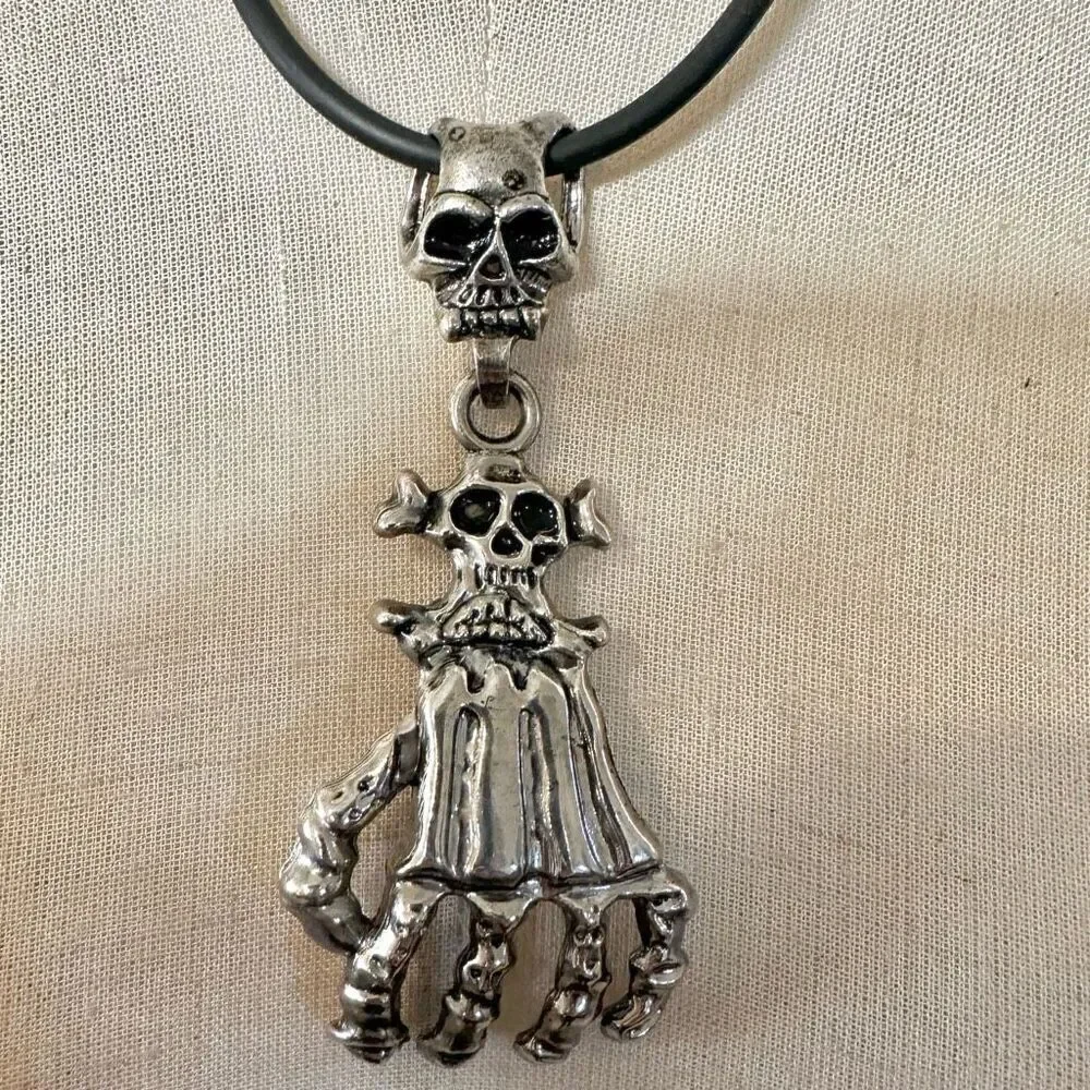 Silver tone Skeleton Claw pendant Necklace on black cord
